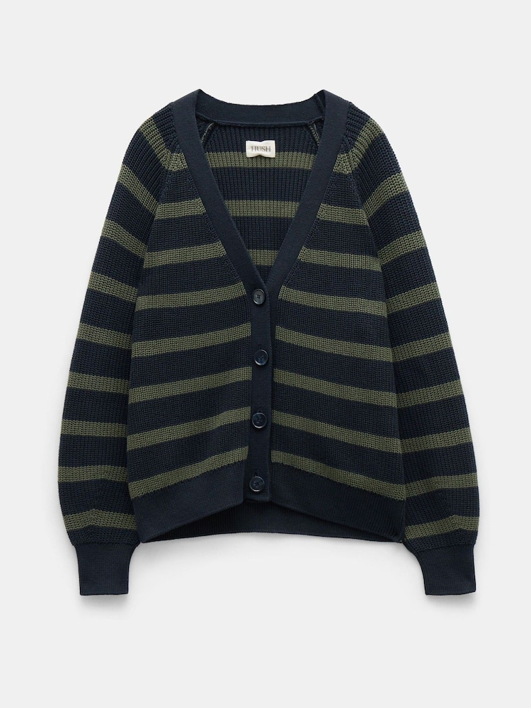 Hush Blue 100% Cotton Rae Striped Button Through Cardigan - Image 5 of 5
