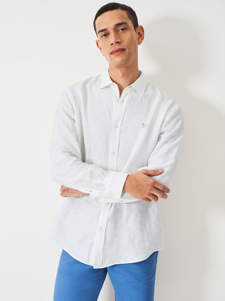 Белый - Crew Clothing Plain 100% Linen Classic Long Sleeve Shirt - Изображение 1 из 5
