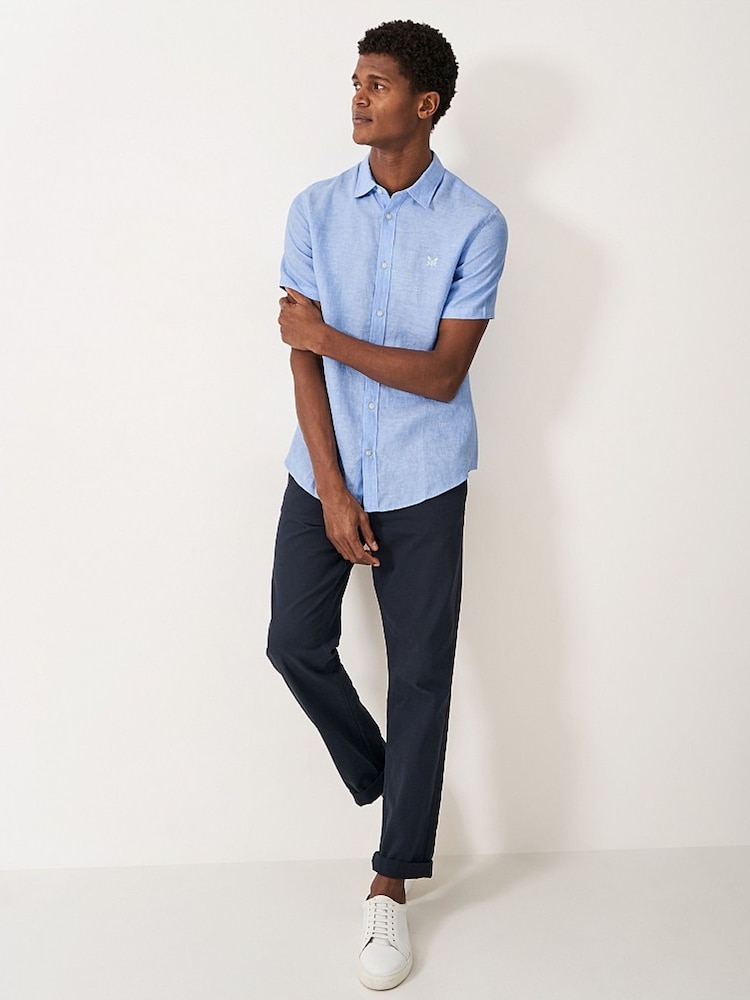 Голубой - Crew Clothing Short Sleeve 100% Linen Classic Shirt - Изображение 2 из 4