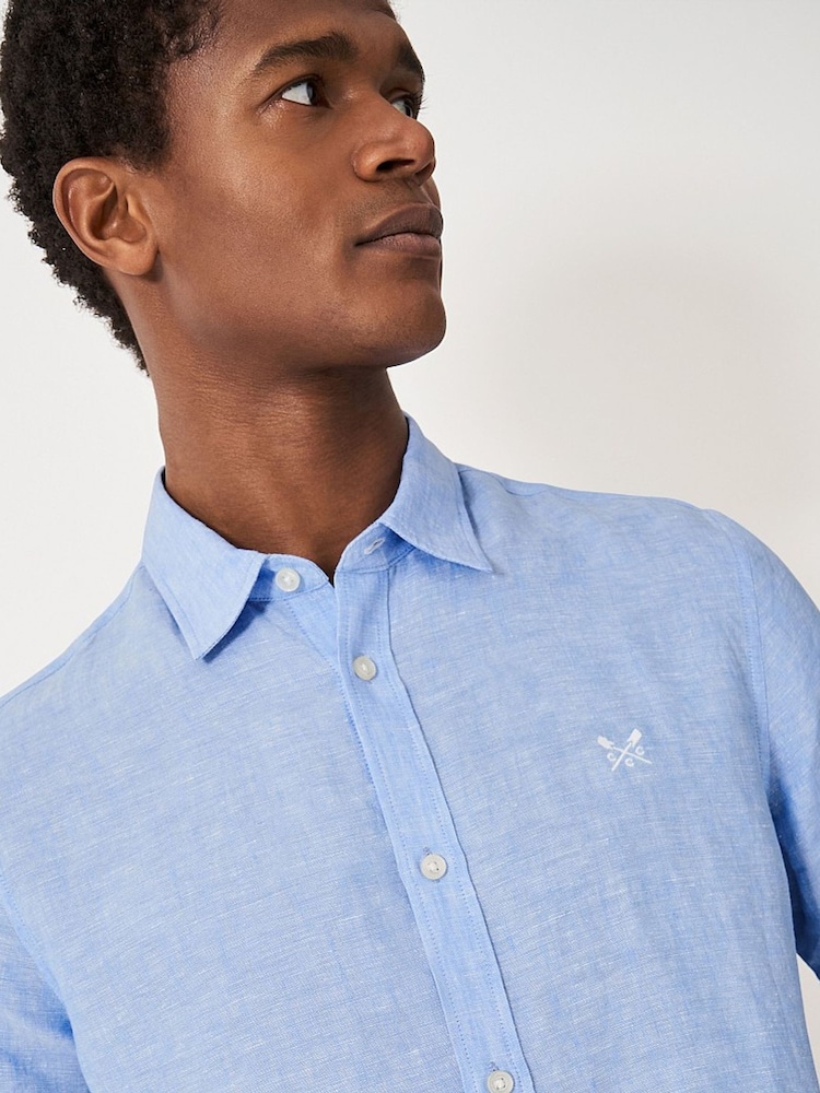 Голубой - Crew Clothing Short Sleeve 100% Linen Classic Shirt - Изображение 4 из 4
