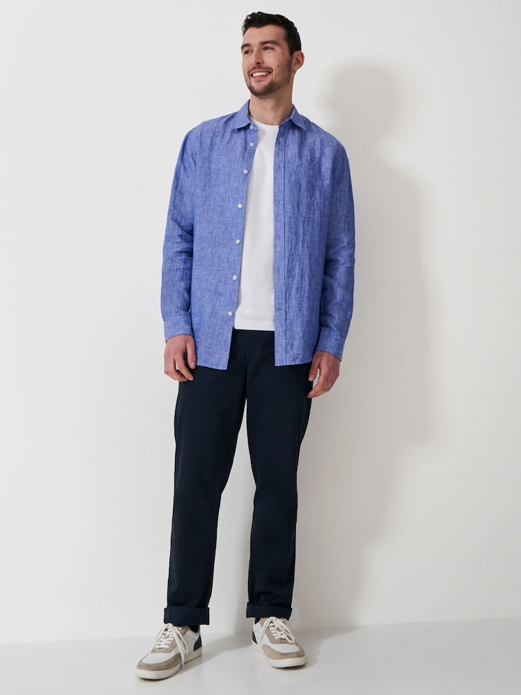 Crew Clothing Blue Plain 100% Linen Classic Long Sleeve Shirt - Image 1 of 5