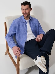 Crew Clothing Blue Plain 100% Linen Classic Long Sleeve Shirt - Image 3 of 5