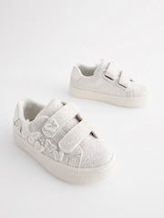 White Glitter Standard Fit (F) Butterfly Touch Fasten Strap Trainers - Image 1 of 6