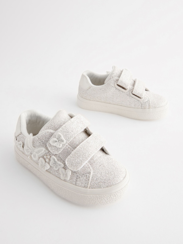 White Glitter Standard Fit (F) Butterfly Touch Fasten Strap Trainers - Image 1 of 6
