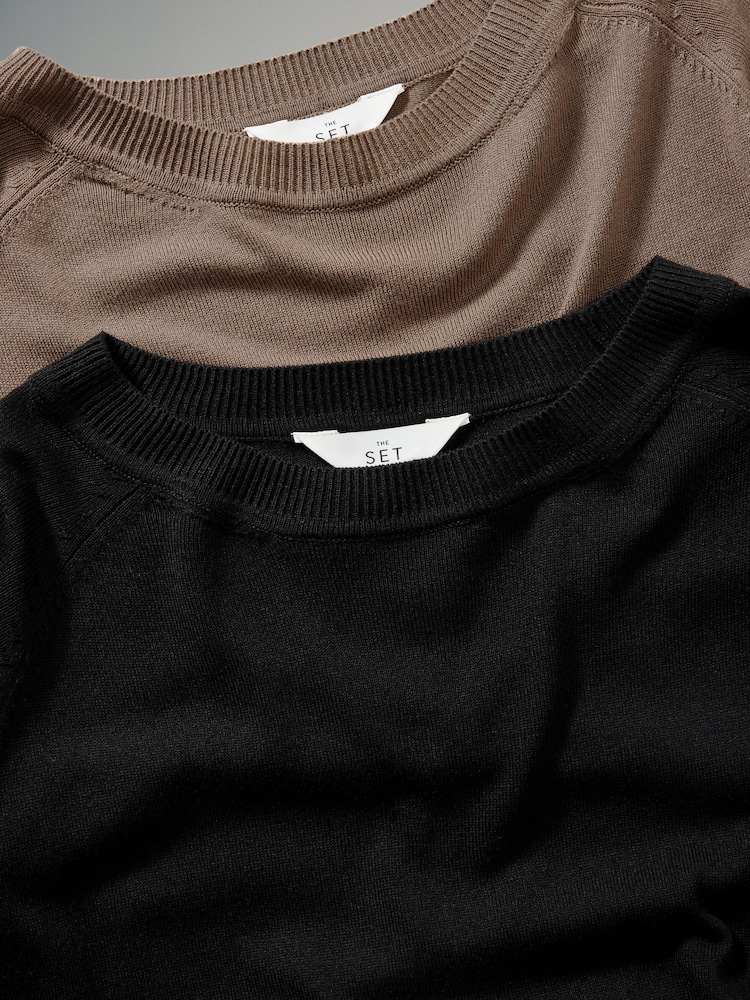 The Set Mink/Black 2 Pack Fine Knit Crew Neck Jumpers - Image 6 of 7