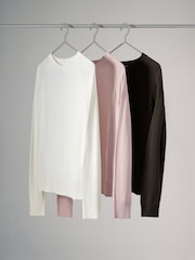 The Set Light Pink/Chocolate Brown/Cream 3 Pack Fine Knit Crew Neck Jumpers - Image 1 of 8
