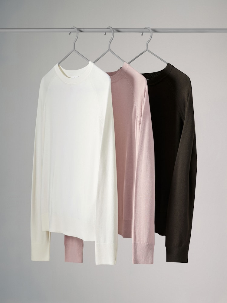 The Set Light Pink/Chocolate Brown/Cream 3 Pack Fine Knit Crew Neck Jumpers - Image 1 of 8