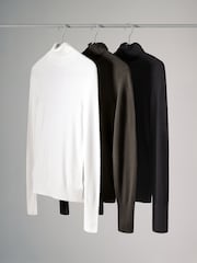 The Set Black/Chocolate Brown/Cream 3 Pack Fine Knit Roll Neck Jumpers - Image 2 of 10