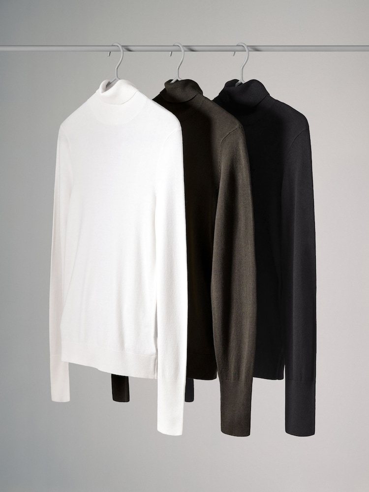 The Set Black/Chocolate Brown/Cream 3 Pack Fine Knit Roll Neck Jumpers - Image 2 of 10