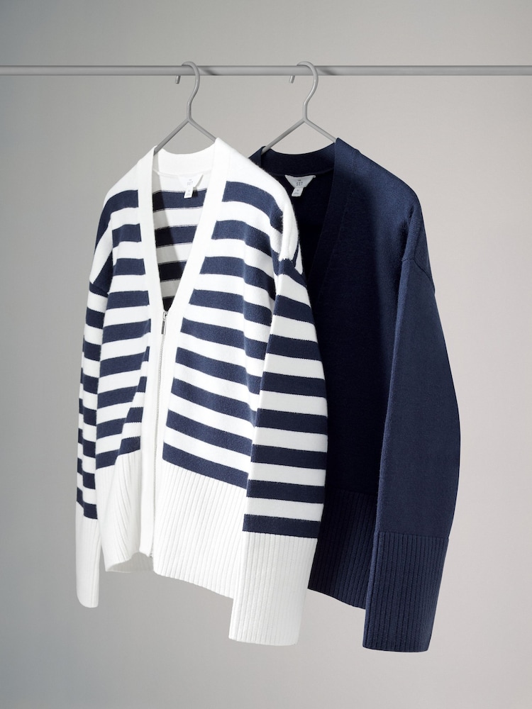 The Set Navy/White Stripe 2 Pack Zip Through Cardigans - Image 2 of 7