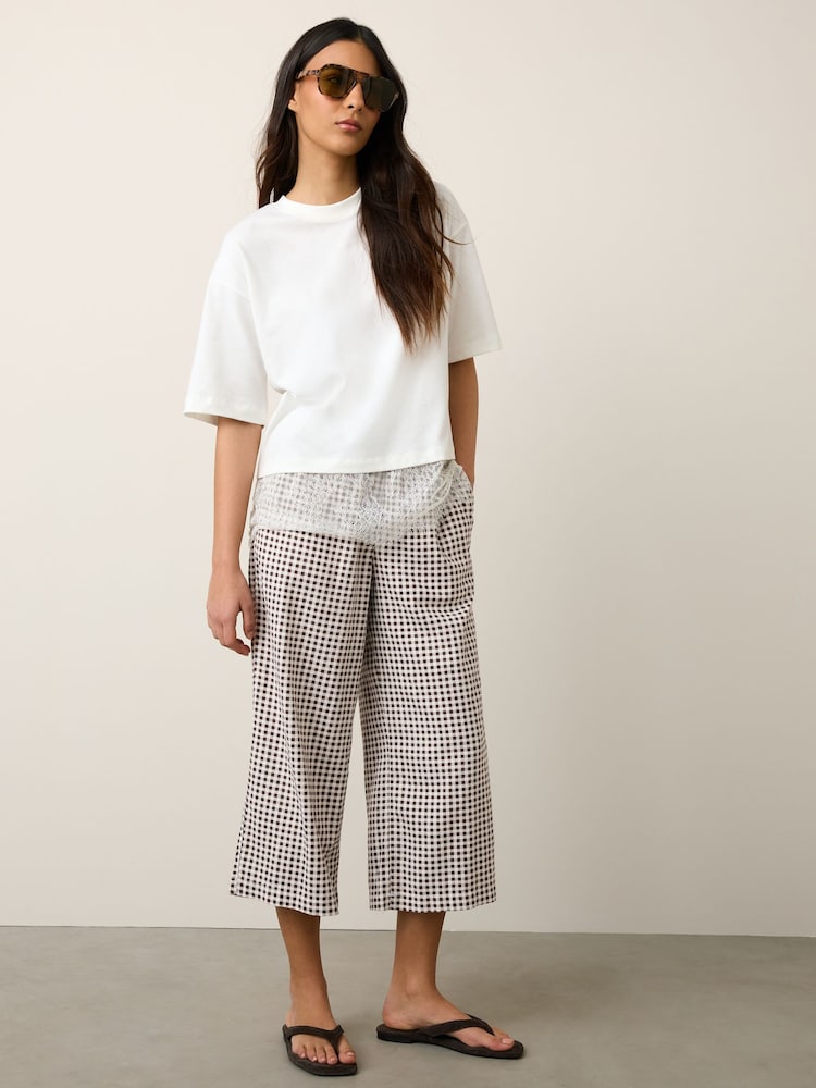 Chocolate Brown Gingham Stretch Linen Blend Culotte Trousers - Image 1 of 5