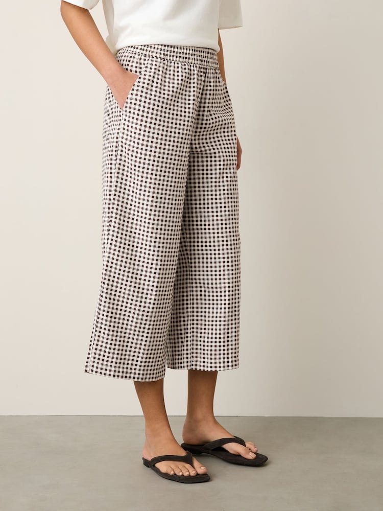 Chocolate Brown Gingham Stretch Linen Blend Culotte Trousers - Image 2 of 5