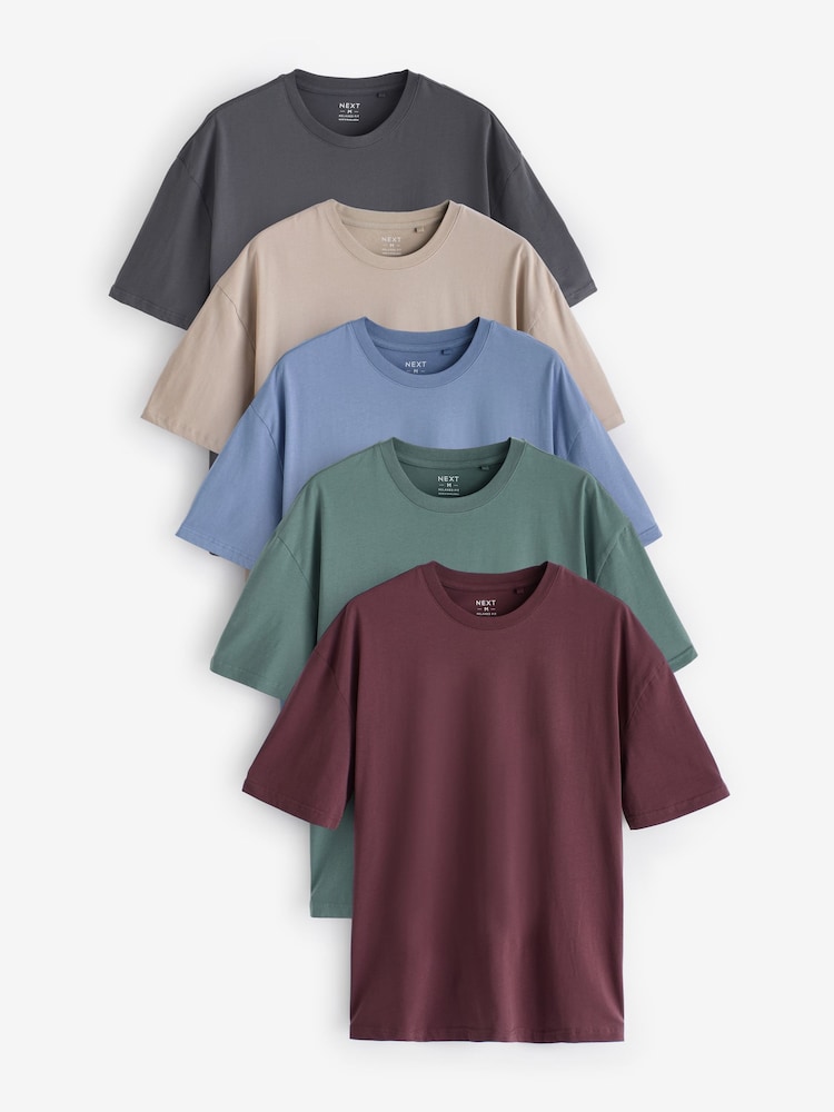 Blues/Green/Purple/Neutral Essential Cotton T-Shirts Relaxed Fit 5 Pack - Image 1 of 16