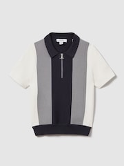 Reiss Navy Milton 13-14 yrs Half-Zip Striped Polo Shirt - Image 1 of 4
