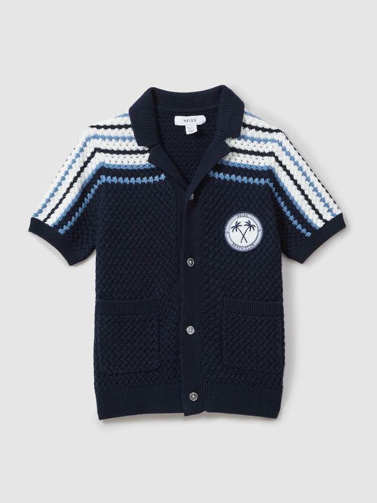 Reiss Navy Sandy 13-14 yrs Knitted Cotton Cuban Collar Shirt - Image 1 of 5