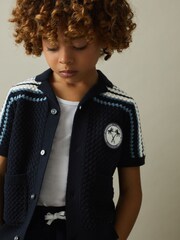 Reiss Navy Sandy 13-14 yrs Knitted Cotton Cuban Collar Shirt - Image 2 of 5