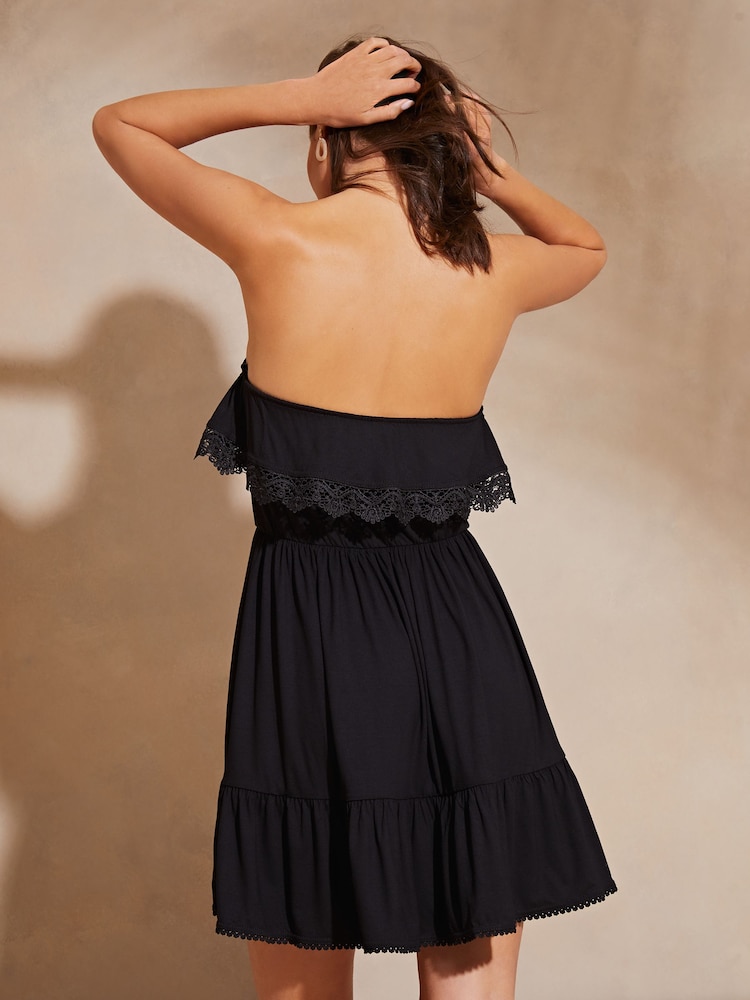 Lipsy Black Petite Bandeau Ruffle Summer Holiday Jersey Mini Dress - Image 2 of 4