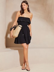 Lipsy Black Petite Bandeau Ruffle Summer Holiday Jersey Mini Dress - Image 3 of 4