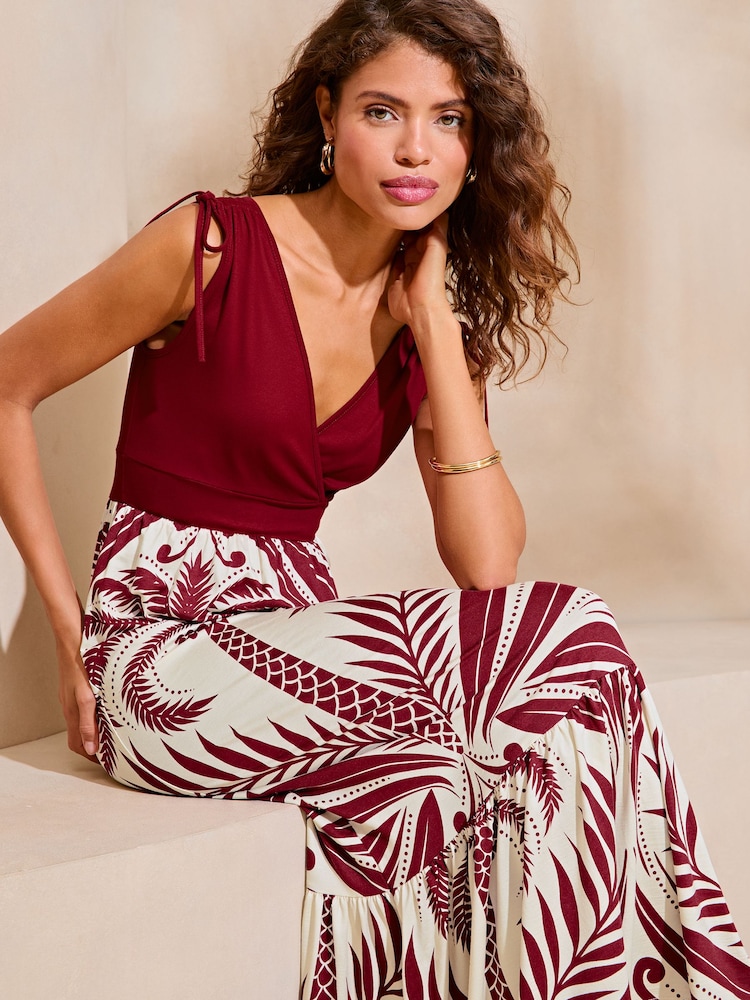 Lipsy Burgundy Red Jersey 2 in 1 Printed Summer Holiday Maxi Dress - Image 1 of 4