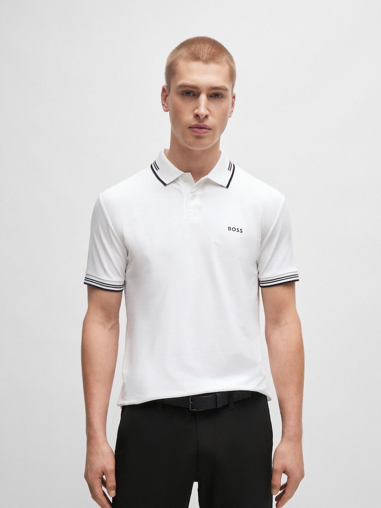 BOSS White Tipped Slim Fit Stretch Cotton Polo Shirt - Image 1 of 5