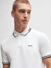 BOSS White Tipped Slim Fit Stretch Cotton Polo Shirt - Image 4 of 5