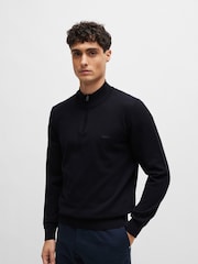 BOSS Dark Blue 100% Cotton Jersey Quarter Zip Sweater - Image 1 of 5