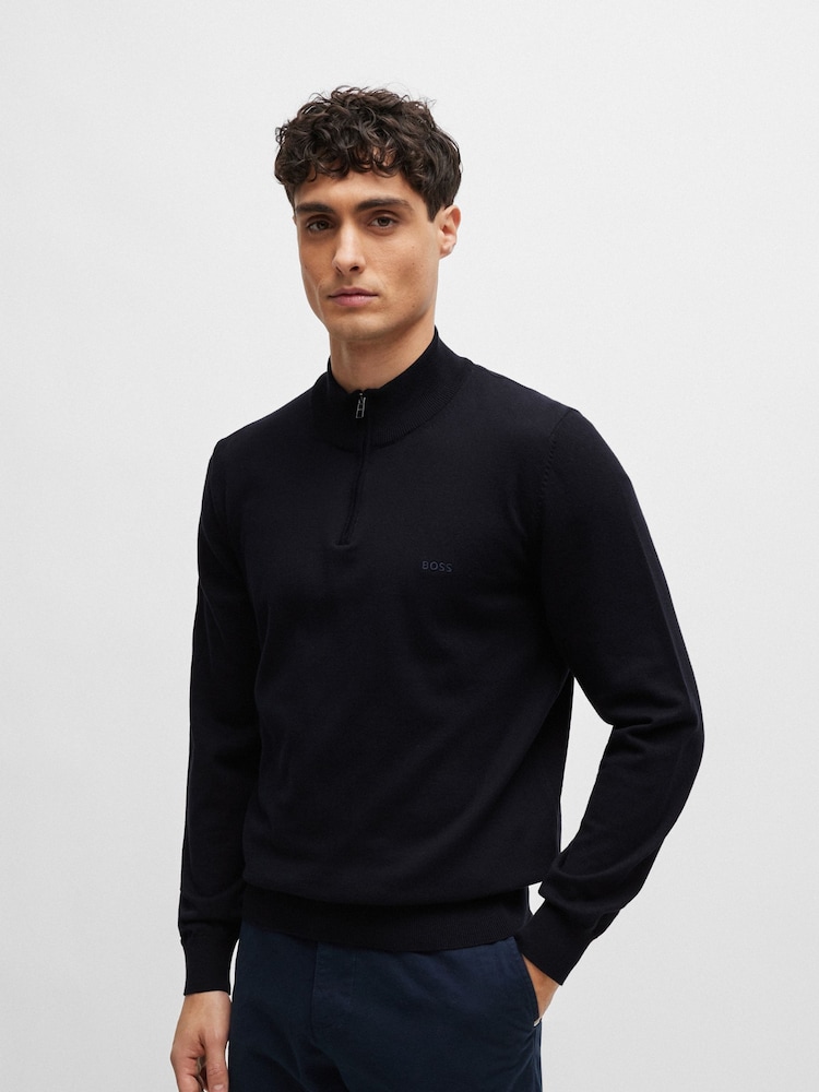BOSS Dark Blue 100% Cotton Jersey Quarter Zip Sweater - Image 1 of 5 BOSS Dark Blue 100% Cotton Jersey Quarter Zip Sweater - Image 1 of 5