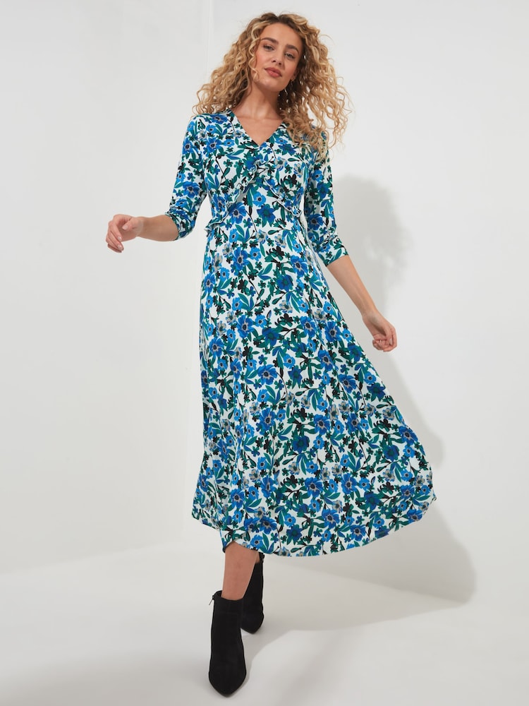 Joe Browns Blue Petite Floral V-Neck Jersey Dress - Image 1 of 5