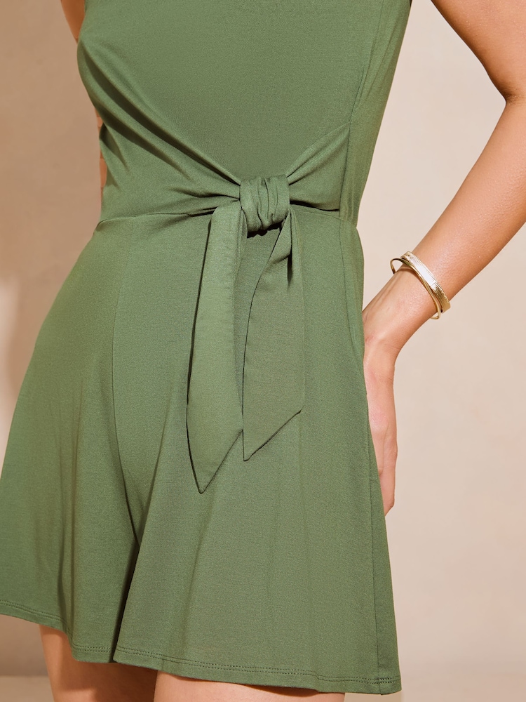 Lipsy Khaki Green Sleeveless Racer Tie Side Playsuit - Image 4 of 4