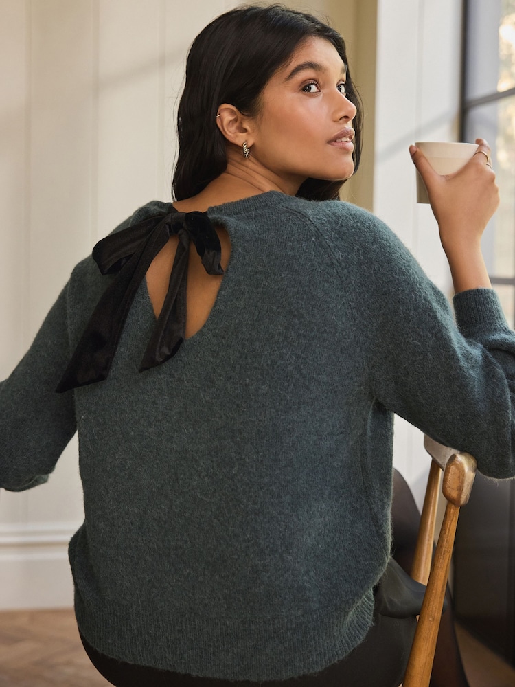 Teal Blue Knit Bow Back Jumper - Image 1 of 4