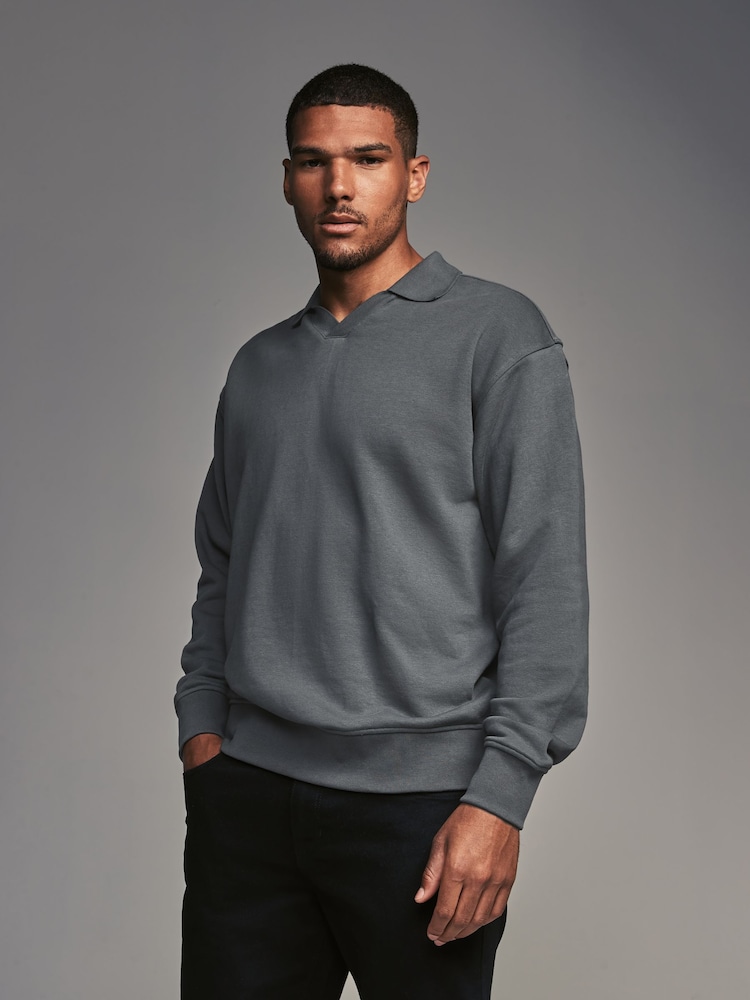 Slate Grey Open Polo Sweatshirt - Image 2 of 7