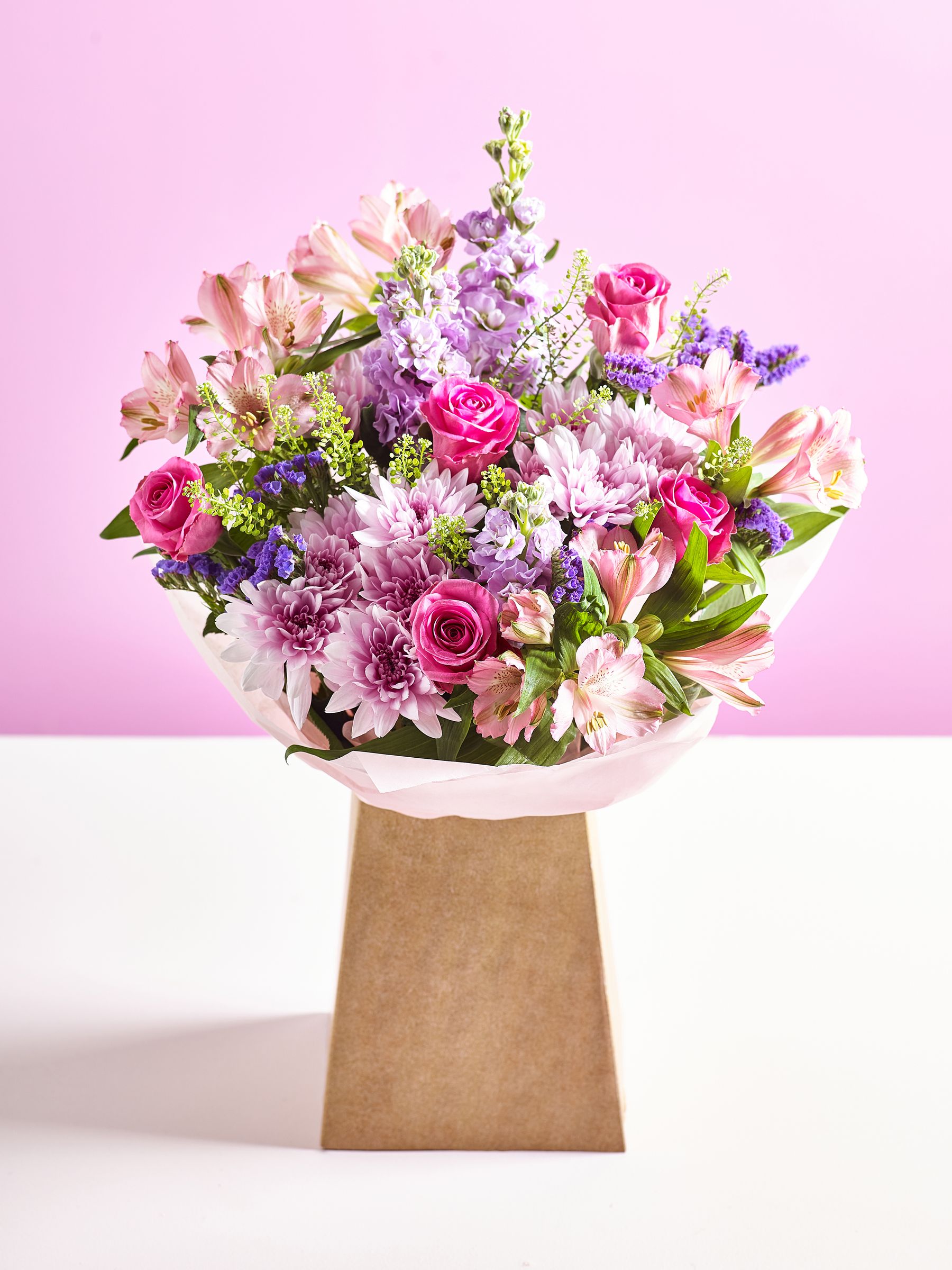 Pastel Rose Chrysanthemum and Stocks Bouquet In Gift Bag