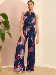 Love & Roses Tropical Halter Neck Jersey Jumpsuit - Image 1 of 4