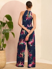 Love & Roses Tropical Halter Neck Jersey Jumpsuit - Image 3 of 4