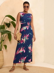 Love & Roses Navy Blue Tropical Knot Front Jersey Sleeveless Midi Dress - Image 1 of 4