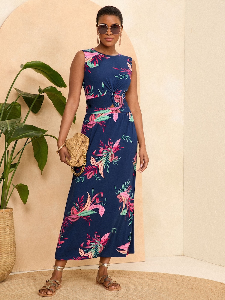 Love & Roses Navy Blue Tropical Knot Front Jersey Sleeveless Midi Dress - Image 1 of 4 Love & Roses Navy Blue Tropical Knot Front Jersey Sleeveless Midi Dress - Image 1 of 4