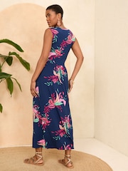 Love & Roses Navy Blue Tropical Knot Front Jersey Sleeveless Midi Dress - Image 3 of 4