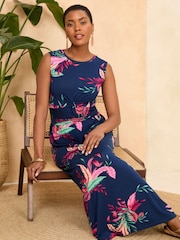 Love & Roses Navy Blue Tropical Knot Front Jersey Sleeveless Midi Dress - Image 4 of 4