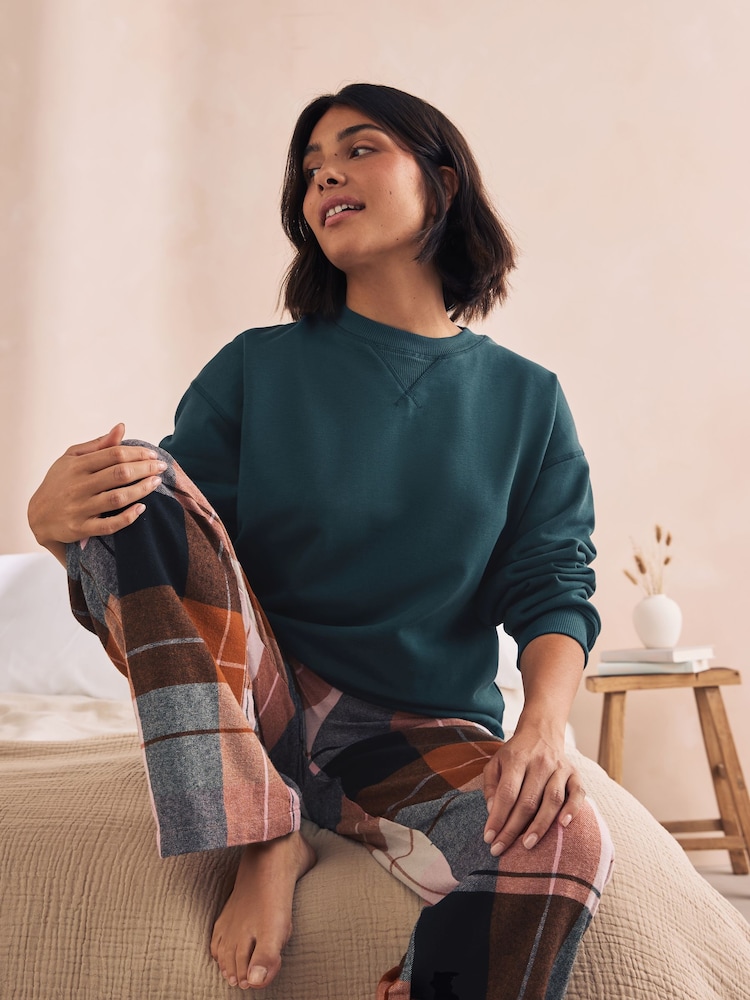 Karomuster Petrolblau - Sweatshirt und Flanell-Pyjama aus 100 % Baumwolle - Bild 1 von 11