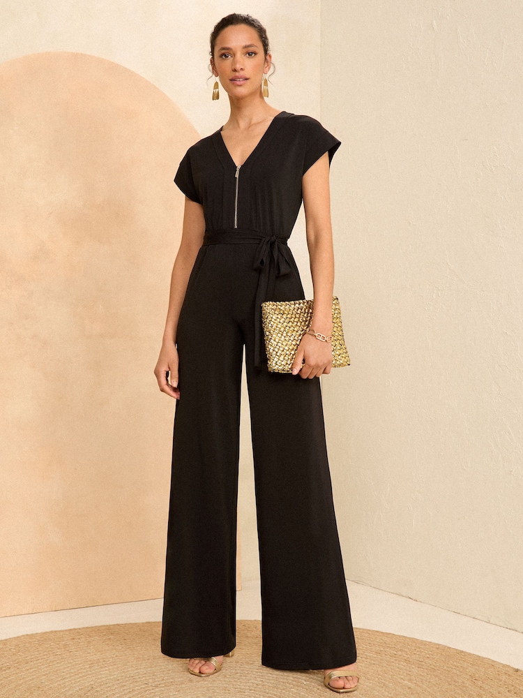 Love & Roses Black Jersey Zip Detail Wide Leg Jumpsuit - Image 1 of 4 Love & Roses Black Jersey Zip Detail Wide Leg Jumpsuit - Image 1 of 4