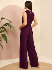 Love & Roses Burgundy Red Twist Front Pleated Jersey Jumpsuit - Image 3 of 4