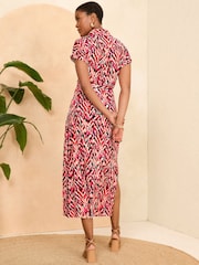 Love & Roses Pink Abstract Jersey Midi Shirt Button Through Dress - Image 3 of 4