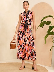 Love & Roses Pleated Orange Animal Jersey Midi Shirt Button Through Dress - Image 1 of 4