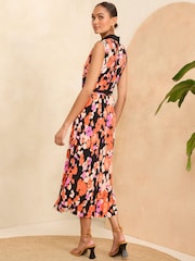 Love & Roses Pleated Orange Animal Jersey Midi Shirt Button Through Dress - Image 3 of 4