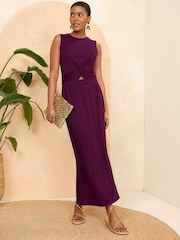 Love & Roses Burgundy Red Knot Front Jersey Sleevless Midi Dress - Image 1 of 4