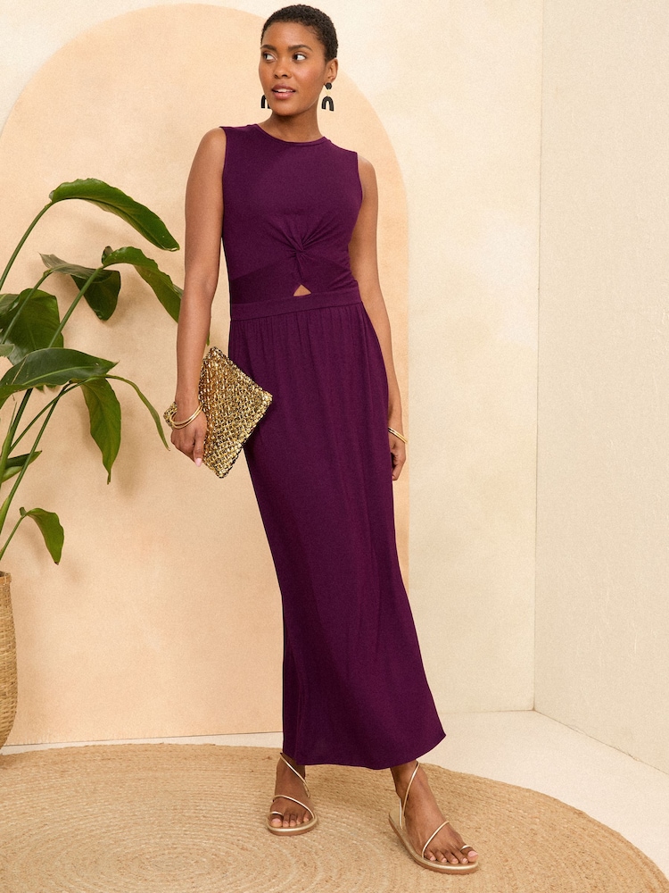 Love & Roses Burgundy Red Knot Front Jersey Sleevless Midi Dress - Image 1 of 4 Love & Roses Burgundy Red Knot Front Jersey Sleevless Midi Dress - Image 1 of 4