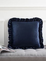 Catherine Lansfield Navy Blue So Soft Velvet Double Frill Cushion - Image 1 of 5