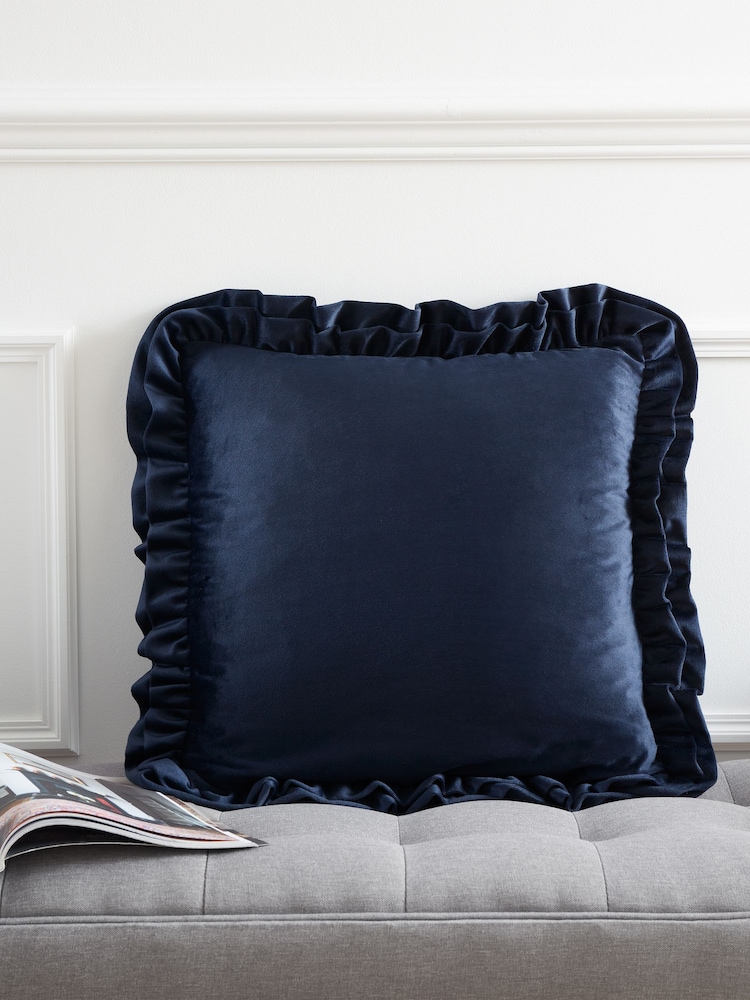Catherine Lansfield Navy Blue So Soft Velvet Double Frill Cushion - Image 1 of 5