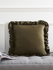 Catherine Lansfield Olive Green So Soft Velvet Double Frill Cushion - Image 1 of 5