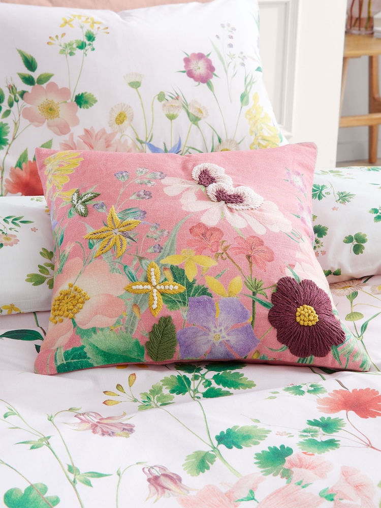 RHS Pink Botanical Cottage Meadow 100% Cotton Cushion - Image 1 of 4 RHS Pink Botanical Cottage Meadow 100% Cotton Cushion - Image 1 of 4